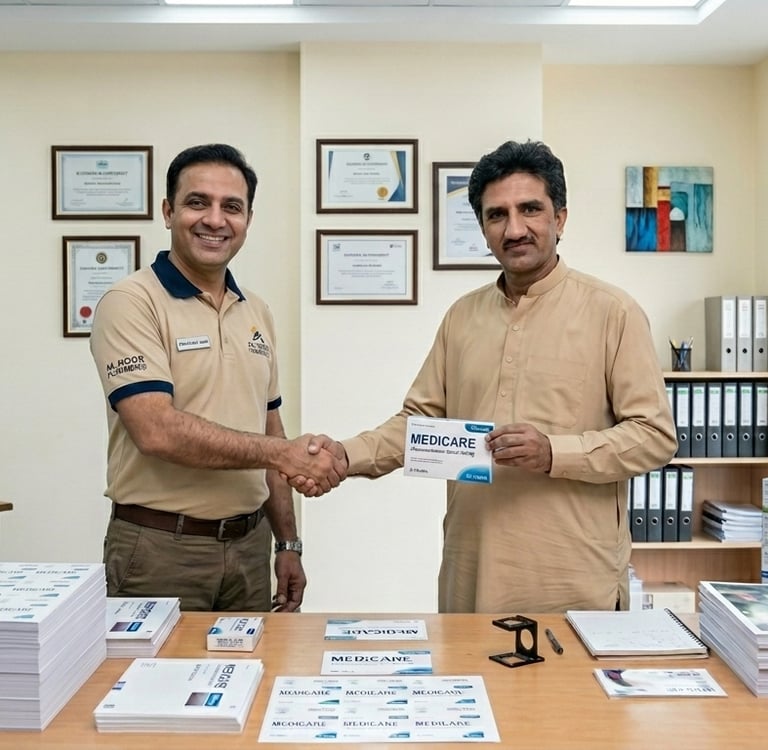 Mr Shahbaz CEO Al-Hamd Printers with satisfied pharmaceutical client after job completion