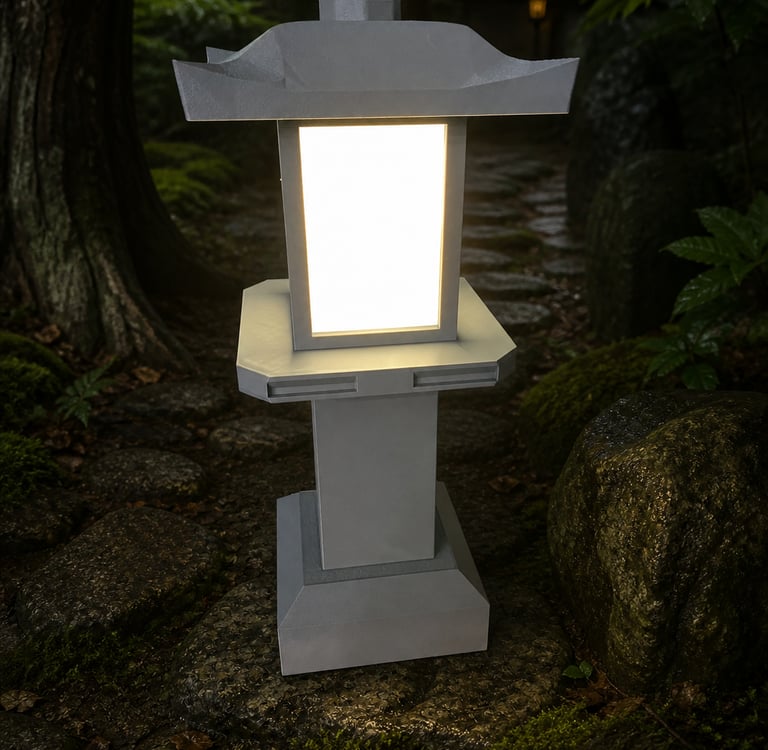 Glowing Japanese stone lantern illuminating a mossy garden path in a forest.