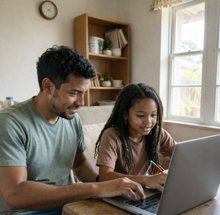 A man and his young daughter sit together on a sofa, learning to use a laptop
