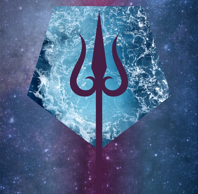 A purple trident silhouette over ocean waves and a cosmic galaxy background.