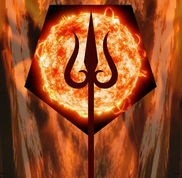A silhouette of a trident against a glowing sun and fiery orange background.