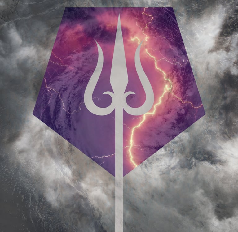 White trident centered over a purple storm clouds background with lightning strikes.