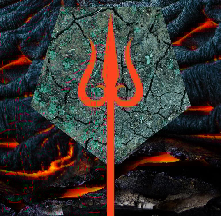 Red trident overlaid on cracked earth and growing sprouts with glowing hot lava in the background.