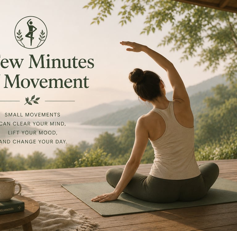 Person practising gentle yoga in a peaceful outdoor pavilion, representing movement, wellbeing.