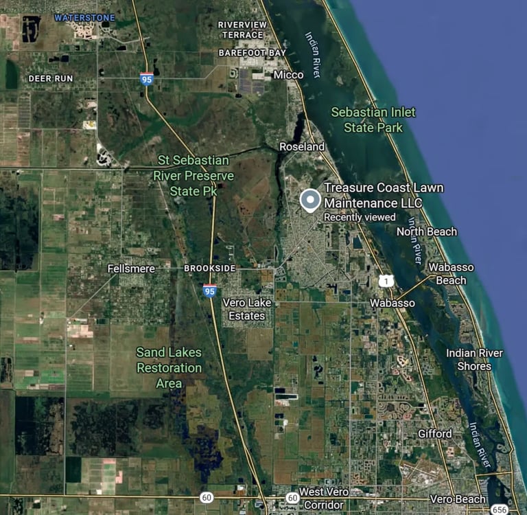 Map showing service area for a lawn care company in Sebastian FL