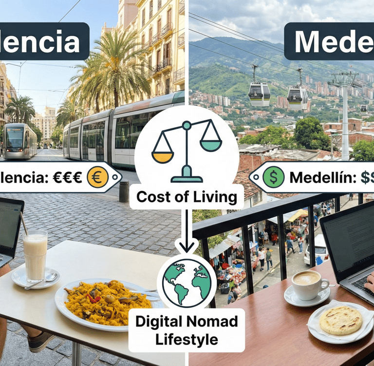 Digital nomad lifestyle comparison of cost of living between Valencia, Spain and Medellín, Colombia.