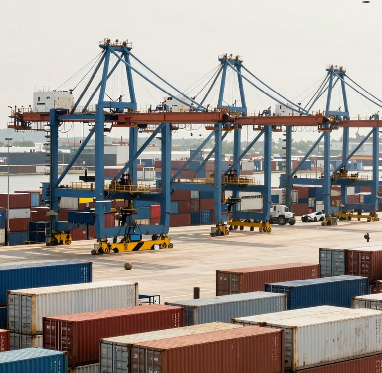 A bustling Global / Corporate logistics hub or cargo port bathed in bright off-white daylight. Medium blue machinery and shipping containers, symbolizing efficient international EXIM operations.