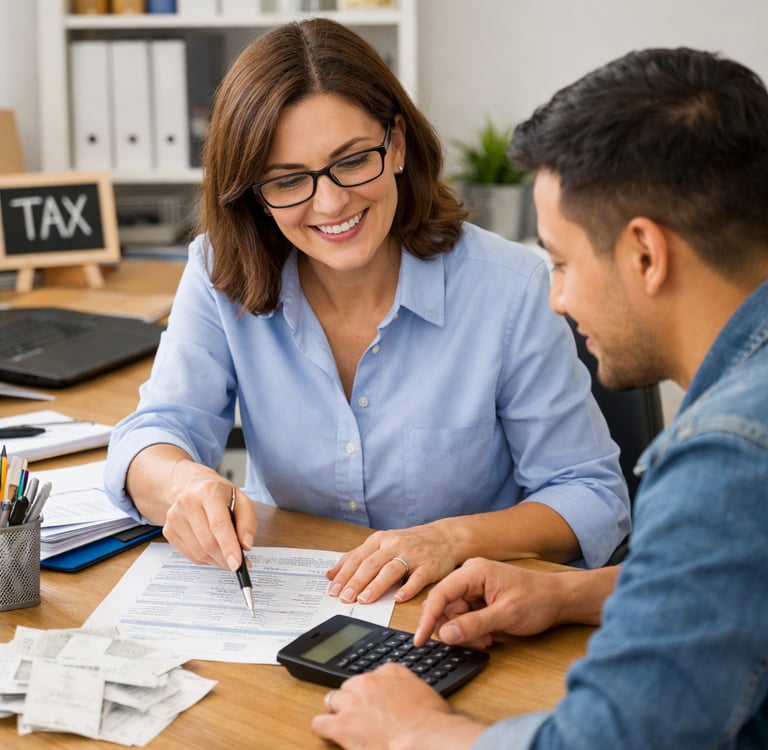 Professional female bookkeeper helping a client with financial documents