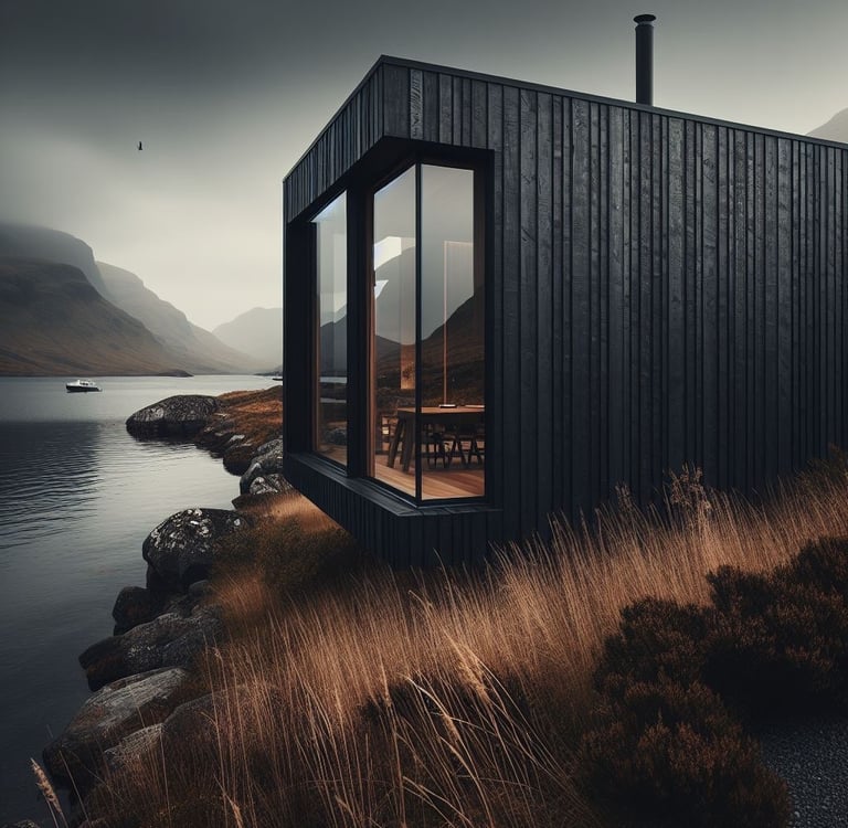 Modern black wood cabin with large glass windows overlooking a foggy lake and misty mountains.
