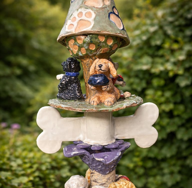 A vertical ceramic totem pole featuring a stack of various dog breeds accented with vibrant glazes.