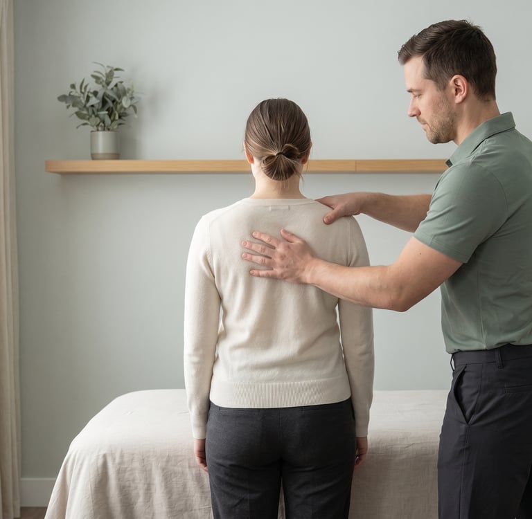 A practitioner performing a hands-on osteopathic assessment to help improve spinal alignment.