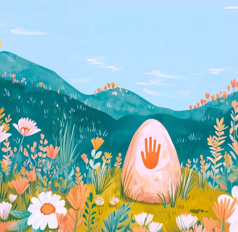 A whimsical illustration of a stone with a handprint symbol in a meadow of colorful spring flowers.