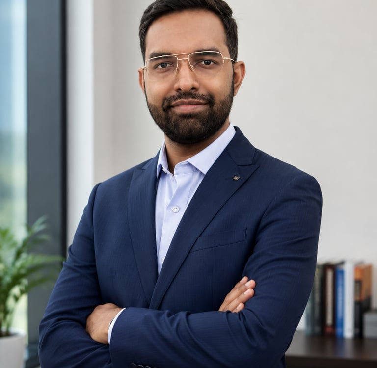 Professional corporate headshot of a businessman in a navy blue suit and glasses with arms crossed.