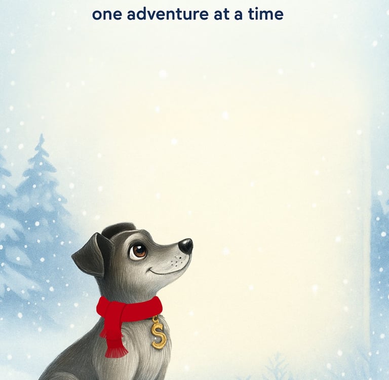 Samson the storybook dog in a red scarf sitting in a soft winter snow scene with glowing light and falling snowflakes — hero