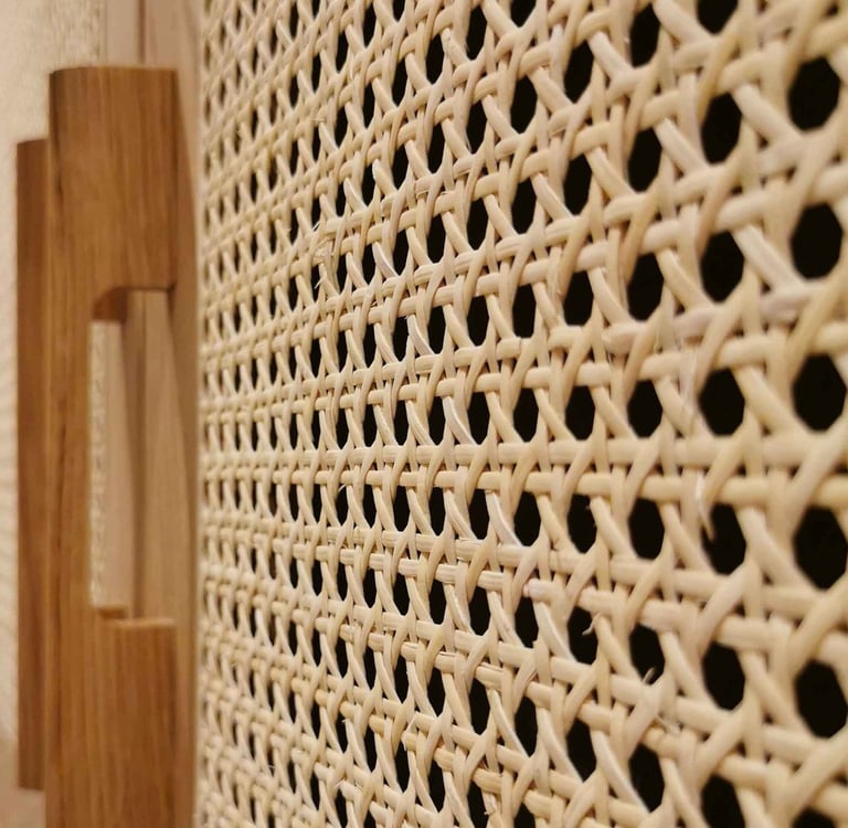 Close-up of a natural rattan webbing cabinet door with a wooden handle for boho home decor.