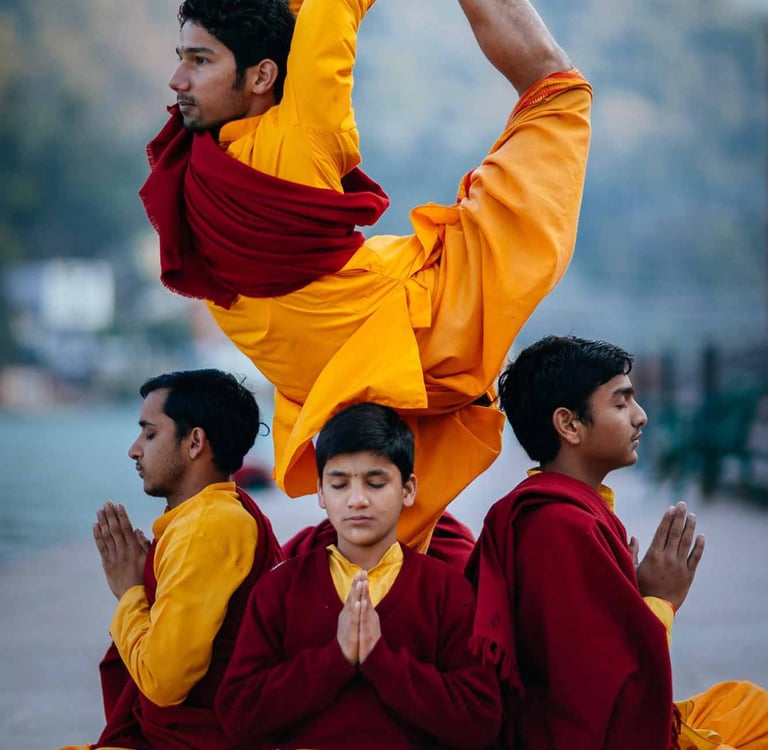 Young students performing yoga at Parmarth Niketan Ashram in Rishikesh