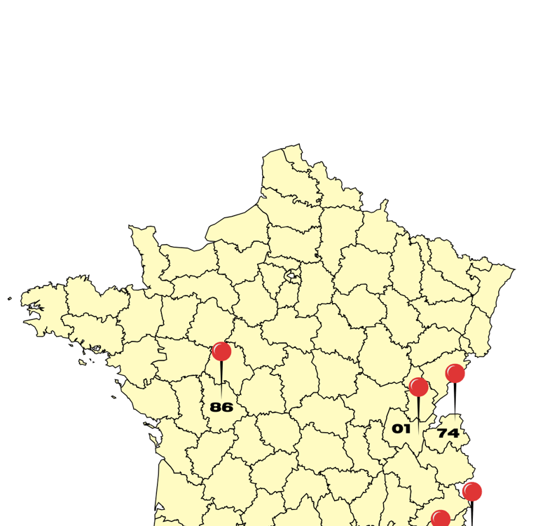 carte de France avec les lieux d'actions, vienne, Côte d'Azur, Ain, Haute-Savoie