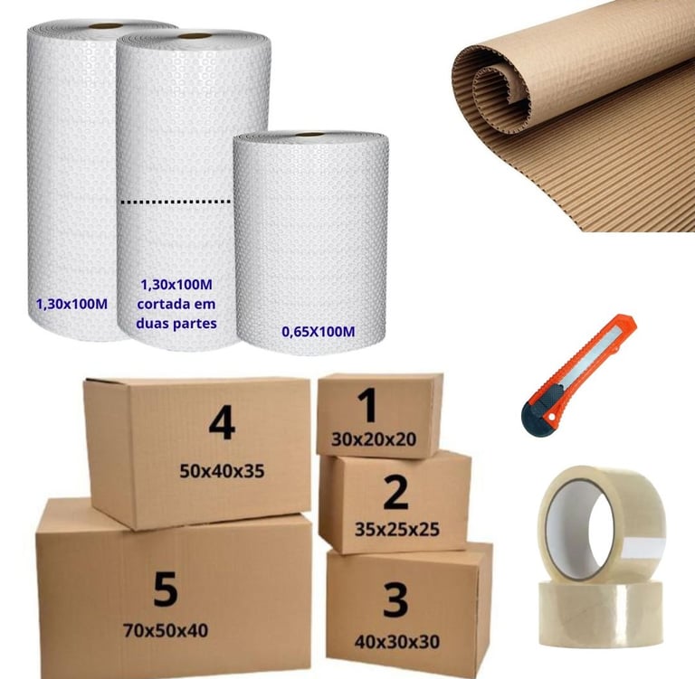 Kit mudança zona norte: caixas reforçadas, plástico bolha e fita