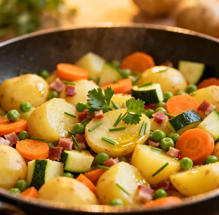Bunte Kartoffel-Gemüse-Pfanne in einer Pfanne, mit Kräutern garniert.