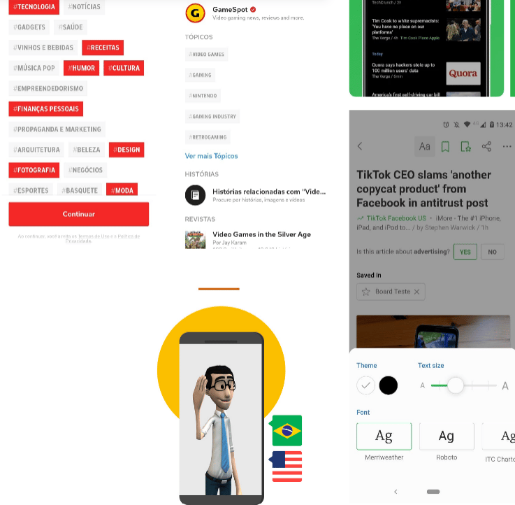 Prints da pagina do flipboard mostrando tags e legendas curtas e visuais.