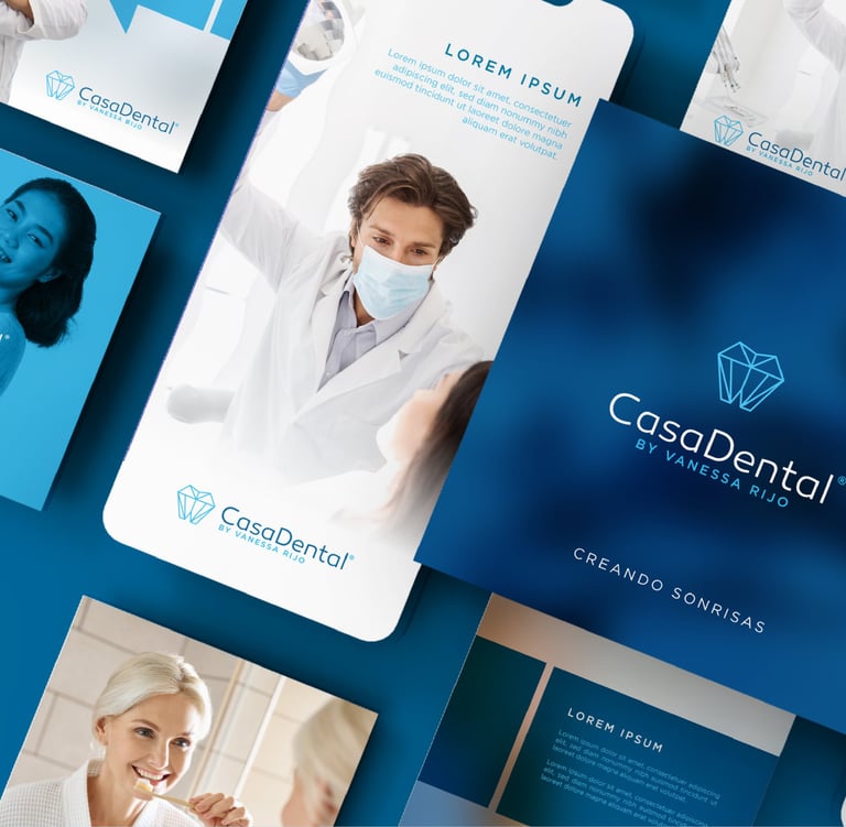 a variety of dental care products displayed on a blue background