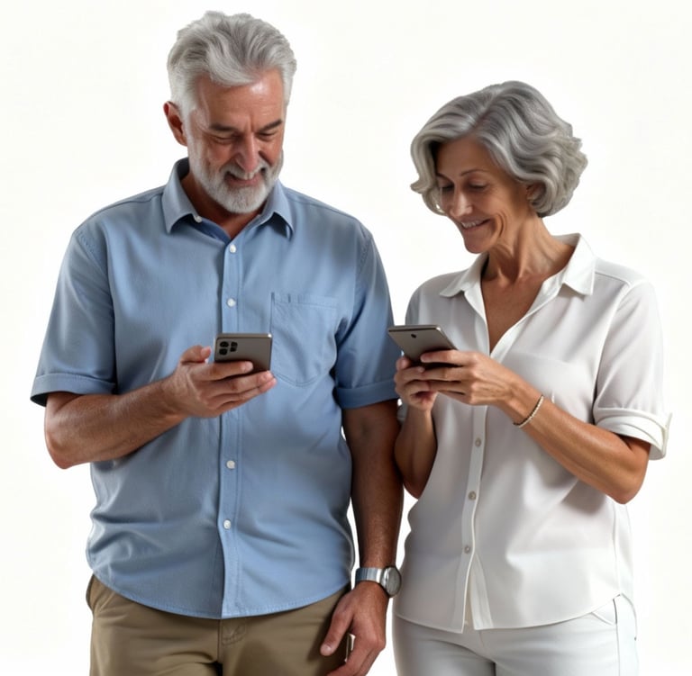 hombre y mujer parados juntos, mirando su smartphone