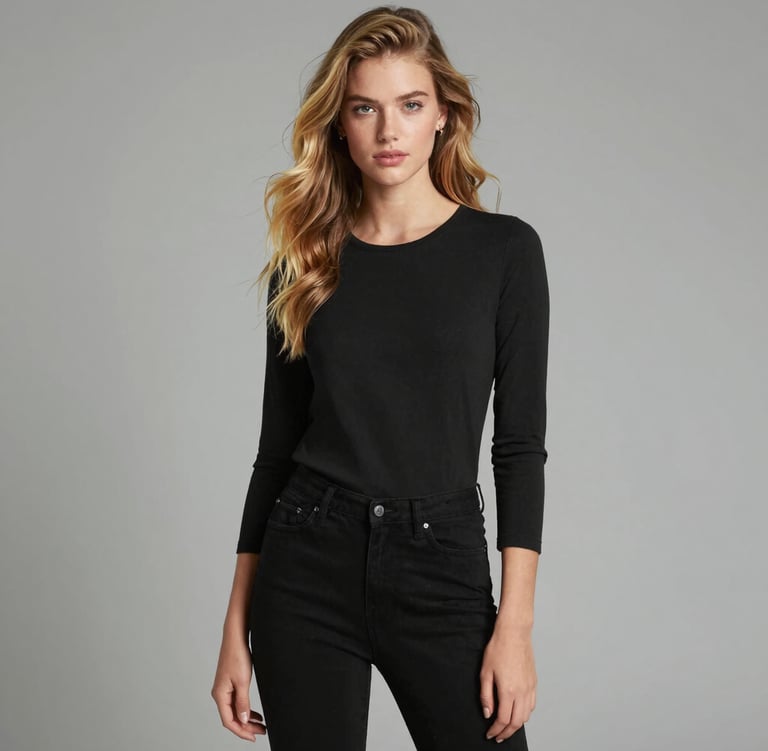 A blonde woman wears a fitted black long-sleeve crewneck shirt with black denim jeans.
