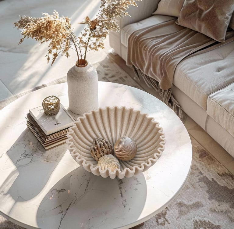 Scalloped decorative bowl styled on a modern coffee table in a cozy neutral living room