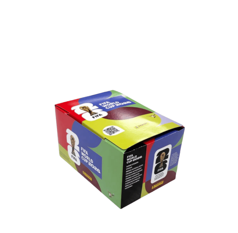 Official Panini FIFA World Cup 2026 sticker album booster box on a white background.