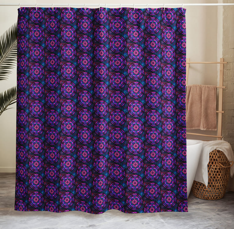 a shower curtain with a colorful pattern