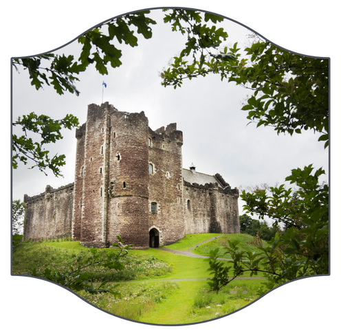 Doune Castle in the middle of the picture with leaves around the border