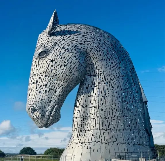 The Kelpies Horse statues. Duke looking down