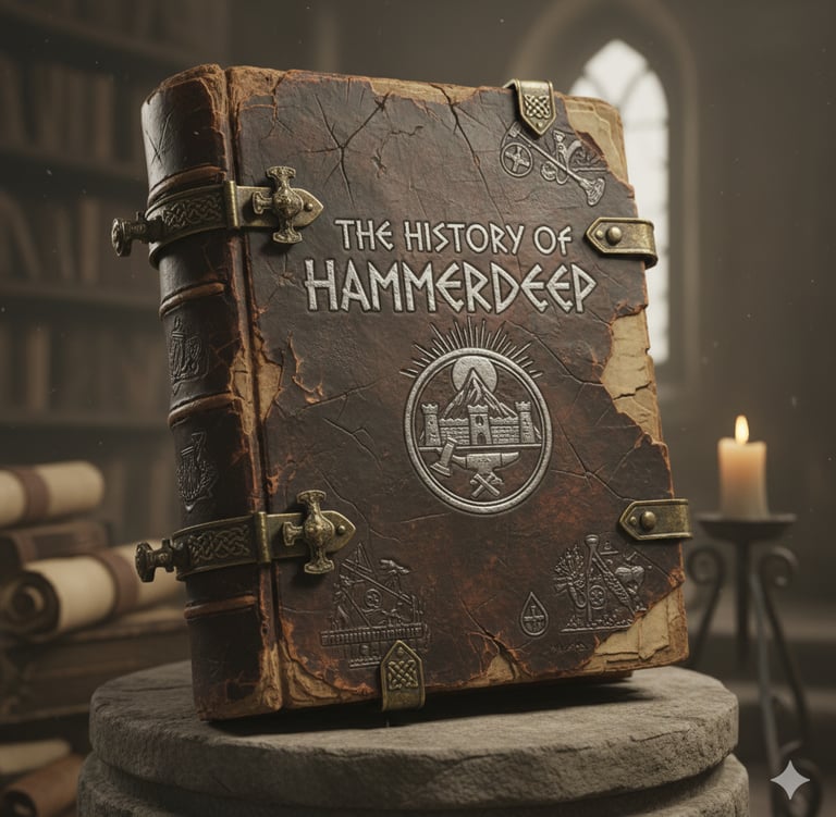 An ancient, leather-bound book titled "The History of Hammerdeep" rests on a stone pedestal