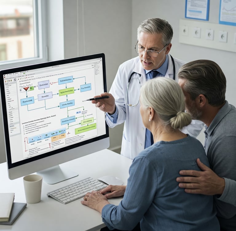Médico explicando para os pacientes as possibilidades de tratamento para um tumor no fígado