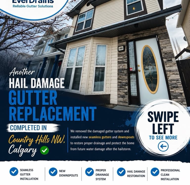 Hail damaged gutters on home in Country Hills NW Calgary