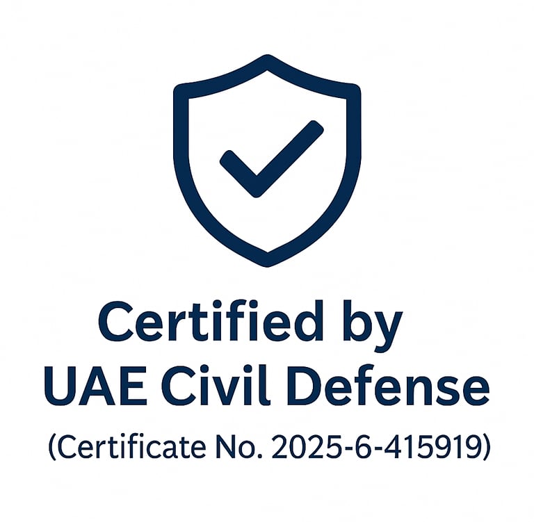 Certified by UAE Civil Defense badge with certificate number