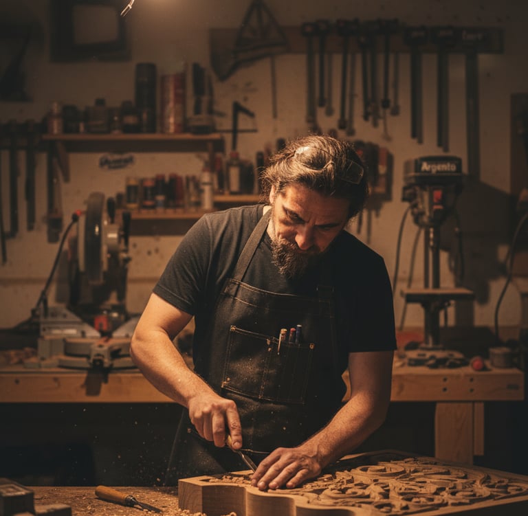 Ruben, owner of Argento Woodshop,carving a custom wood sign in his Townsend, MA workshop