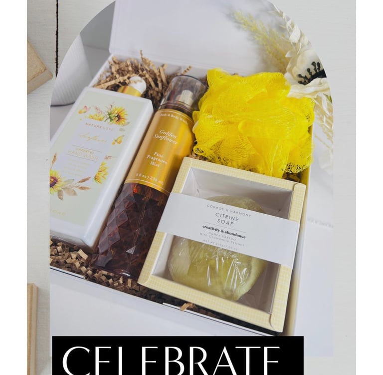 Gift box with yellow accented body care items