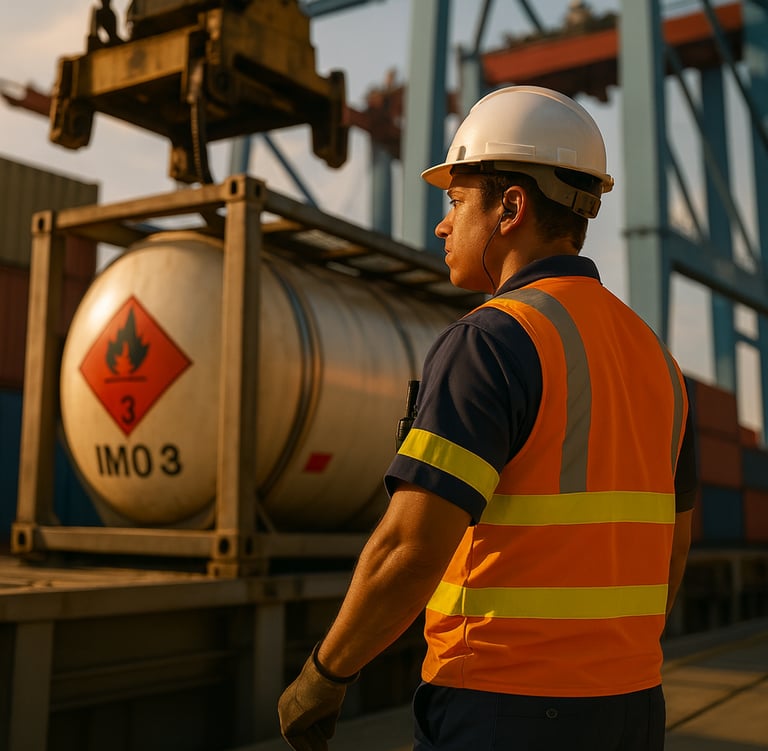 Um trabalhador portuário circulando próximo a um isotanque inflamável prestes a ser içado