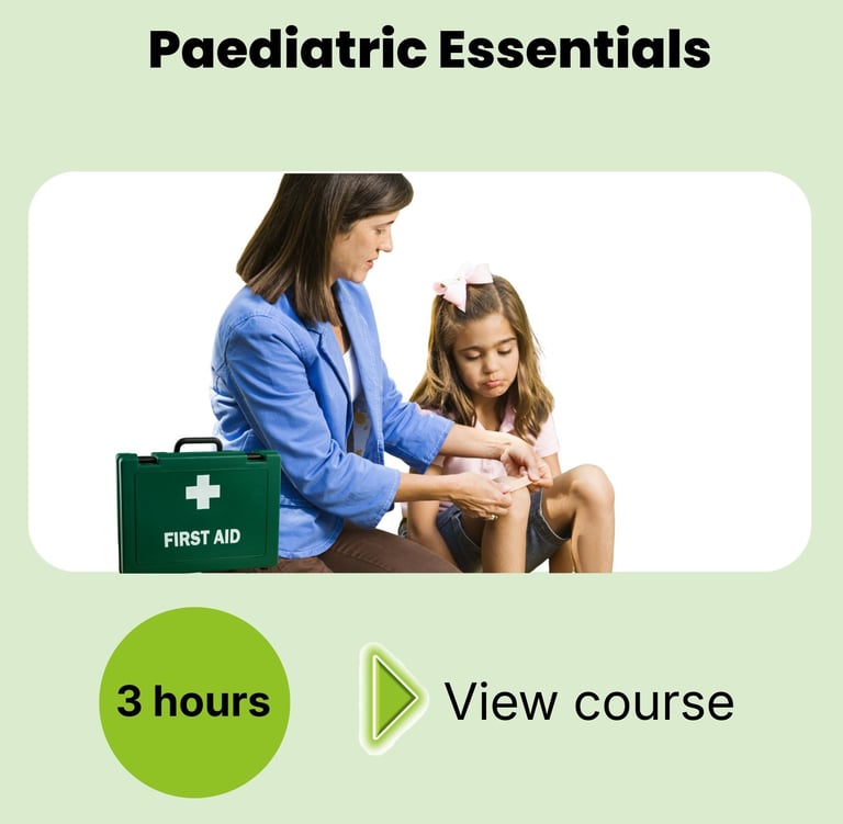 Paediatric first aid essential course card for online training.  3 hours learning