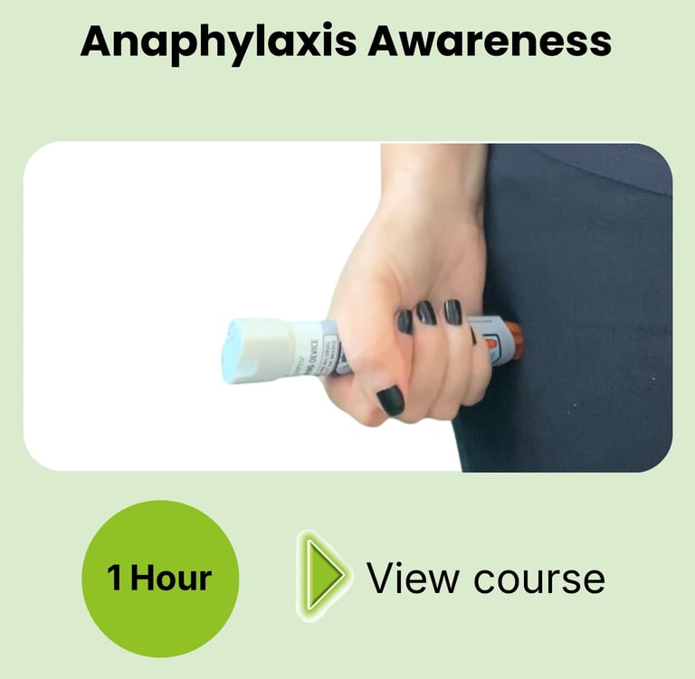 a course card for Anaphylaxis Awareness online course. 1 hour training.