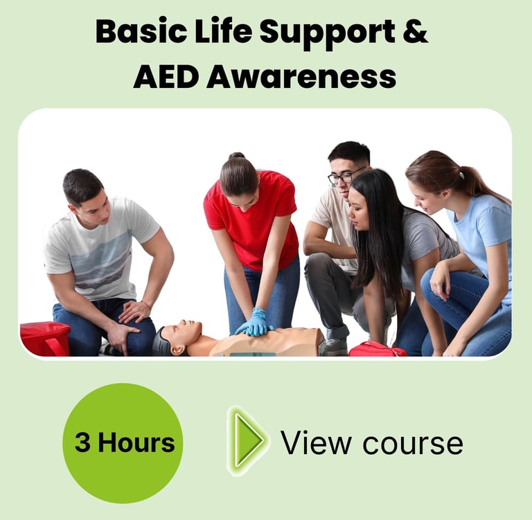 Course card for Basic Life Support online training course. 3 hours training