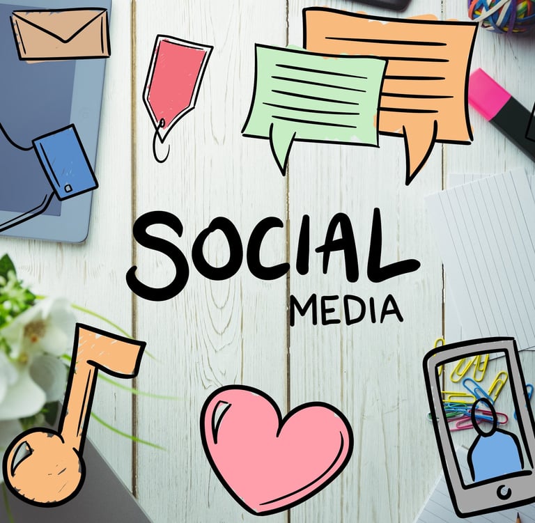 Top view of hand-drawn social media icons and digital marketing symbols illustrating TheDigiWold.in's creative approach to on