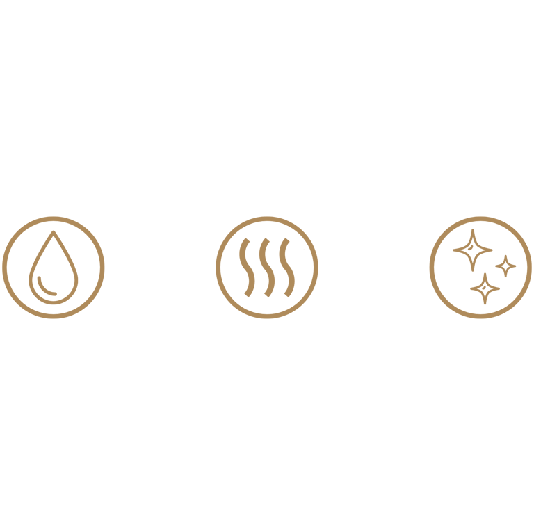 Gold icons for water droplet, heat steam, and sparkles on a black background for product features.