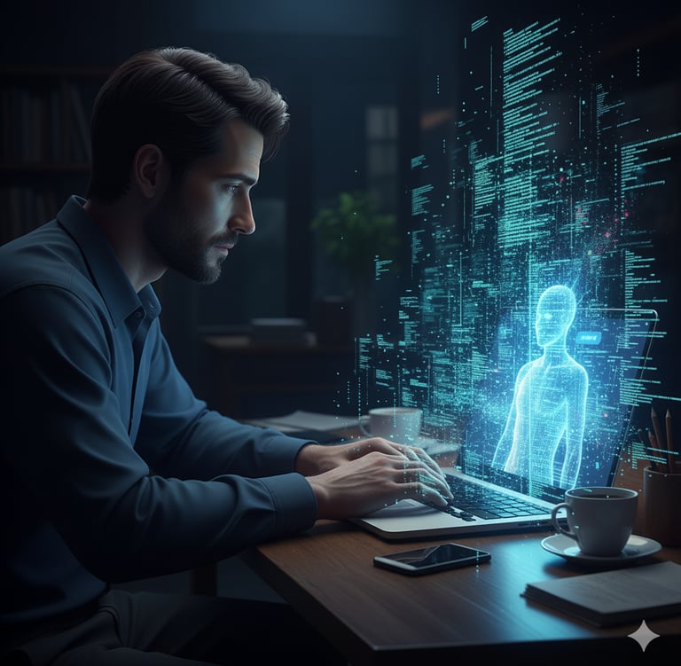 Man interacting with AI hologram representing synthetic relationships and mental health risks