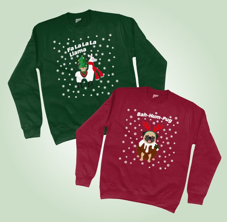 christmas jumpers with custom illustration of llama and pug in a christmas outfit