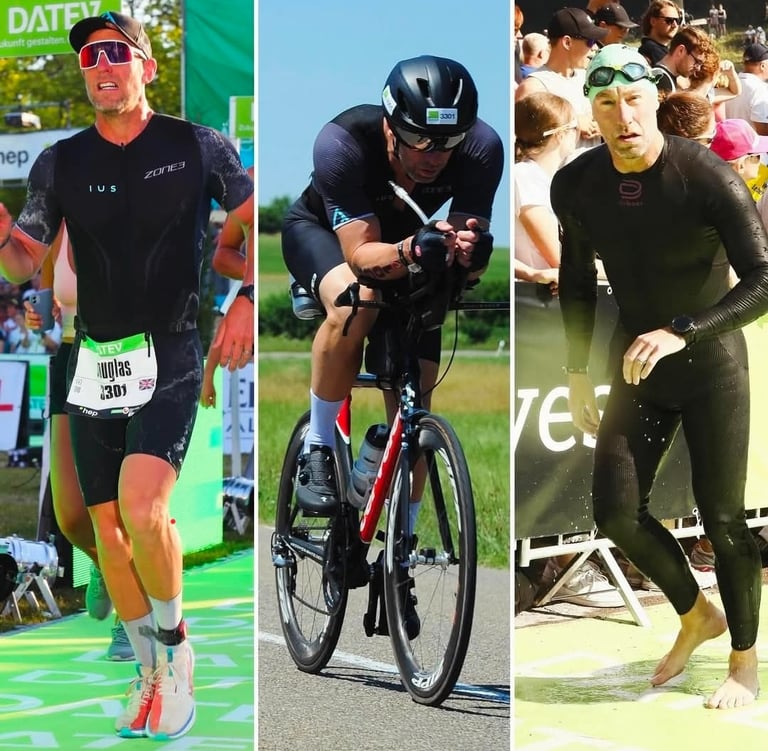 A male triathlete competing in the swimming, cycling, and running stages of Challenge Roth triathlon