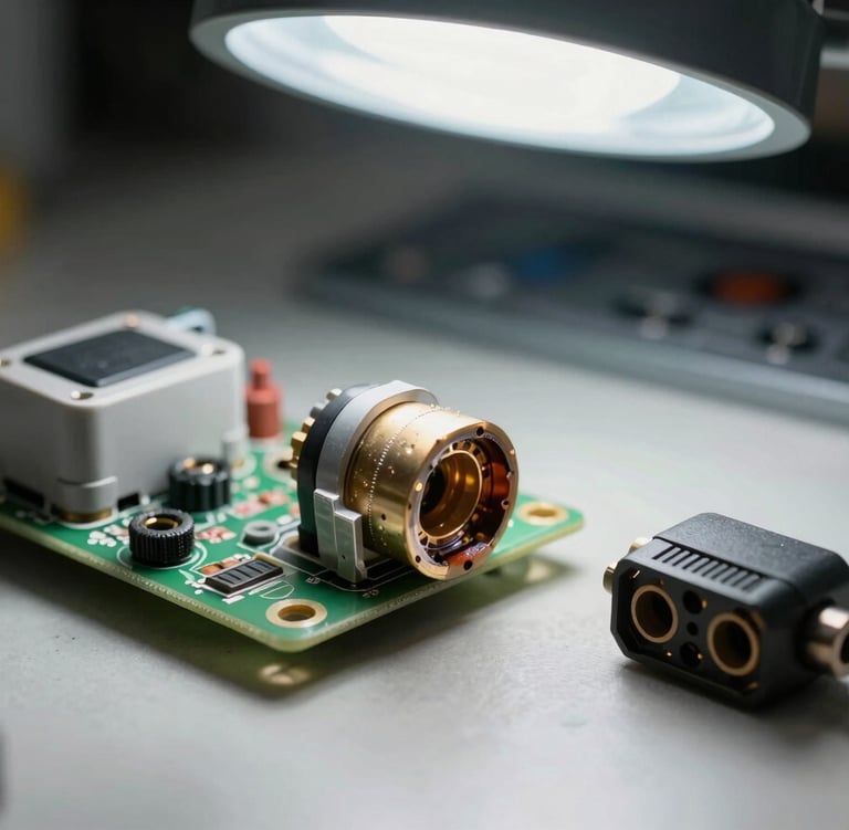 Extreme close-up of a burnt electrical connector removed from a washing machine control board, placed next to the replacement part on a workbench, overhead work light, both components sharp in focus, no color grade, documentary framing showing the failure point clearly