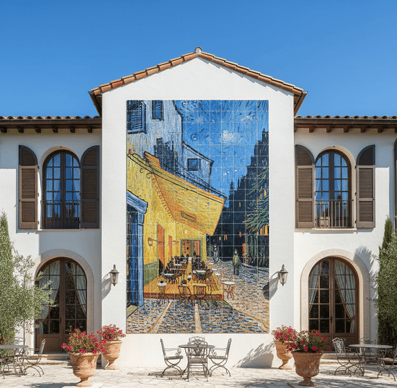 Mural de azulejos que trata sobre la terraza de un cafe