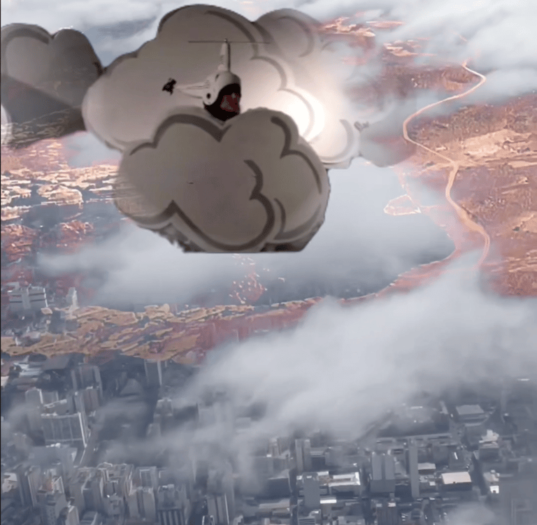 An overview of Curitiba Brazil and Canyonlands with image of a person dressed as helicopteri